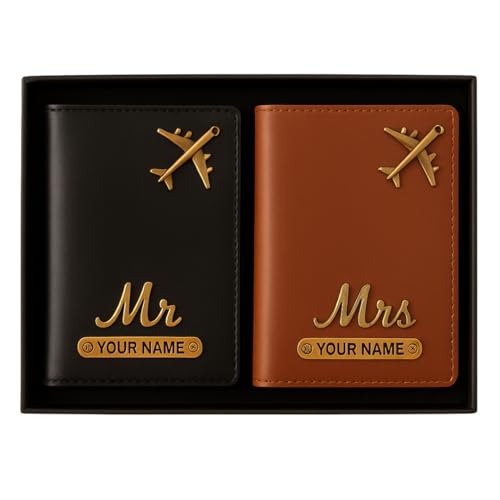 Image of ncgifts Personalised Passport Cover for Couple | Set of 2 PU Leather Customised Passport Holder with Name & 80+ | Charms Premium Gift Box | Anniversary, Wedding, Honeymoon Gift | 6+ Colours
