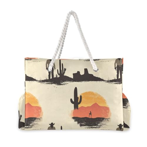 Western Cowboy Cactus Sunset Large Capacity Tote Bag Women with side pocketes Bag For Work with zippered pockets2