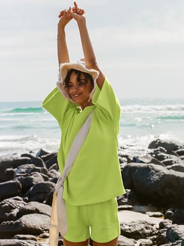 Tankaneo Womens Short Sets 2 Piece Outfits 3/4 Sleeve Tops and Elastic Waist Shorts Lounge Set Casual Loungewear4