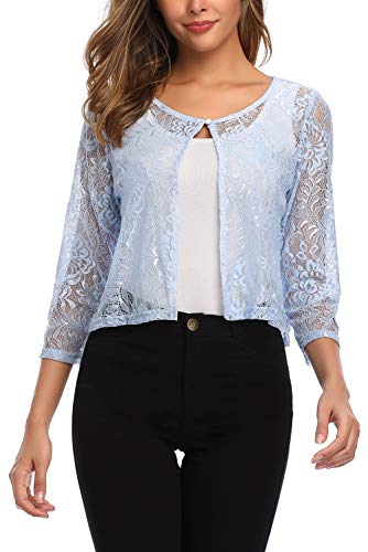 Aranmei Women Shrug Crochet Lace Cardigan Lightweight Cropped Bolero for Evening Dress(Light Blue Large)