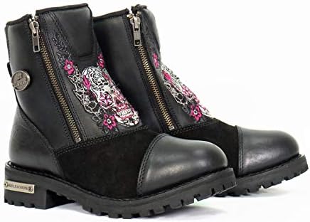 Hot Leathers Womens Sugar Skull Ankle Leather Riding Boots Double YKK Zippers with Cap Toe & Lug Sole Grip