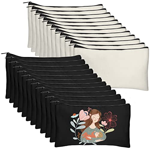 Legigo Pacote com 24 sacos de artesanato em branco DIY estojo de lápis de lona em branco sacos de maquiagem - bolsa de lápis de lona bege e preta bolsa de cosméticos de lona multiuso bolsa de higiene pessoal de viagem sacos de lona com zíper (21 x 12 cm)