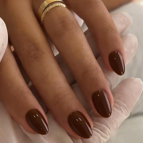 JOYVVEW Chocolate Brown Press on Nails Short Oval 32 Pcs 16 Sizes Soft Gel Fake Nails Press ons Almond Natural Glossy Opaque Acrylic False Nail for Women Daily Looks
