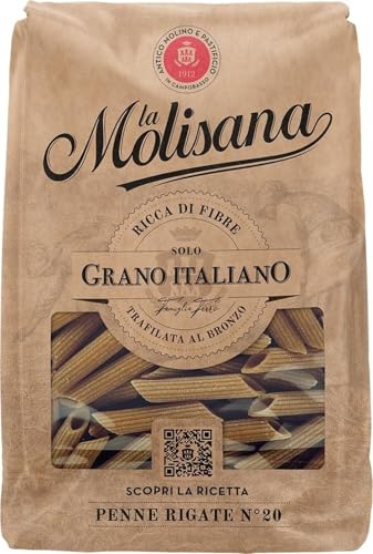 La Molisana, Penne Rigate Integrali n. 20, Pasta Integrale da Solo Grano Italiano - Trafilata al Bronzo, Ricca di Fibre, Ruvida e Tenace con Eccellente Tenuta in Cottura - Confezione da 500g