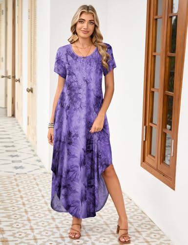 Image of JollieLovin Womens Plus Size Casual Summer Maxi Long Dress Short Sleeve T-Shirt Loose Sun Dress(L-5X)