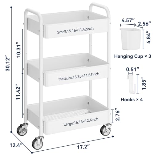 YASONIC 3 Tier Rolling Cart, Heavy Duty Metal Utility Cart with Wheel White | Sturdy Rolling Storage Cart With Hooks & Hanging Cups, Great For Craft, Art Workspace, Kitchen ,Snack And Office Storage - image 6