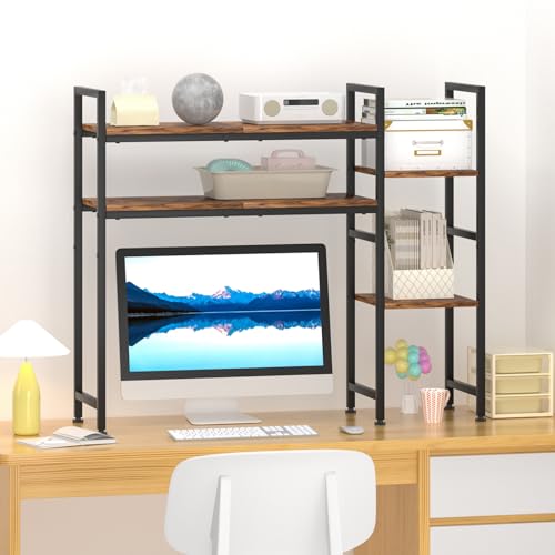 DOMYDEVM Desktop Bookshelf, Computer Desktop Bookcase, 2-Tier Multipurpose Desk Hutch Bookshelf, Desk Hutch Top Only 37.4in(L) for Dorm Office Home Computer, Brown