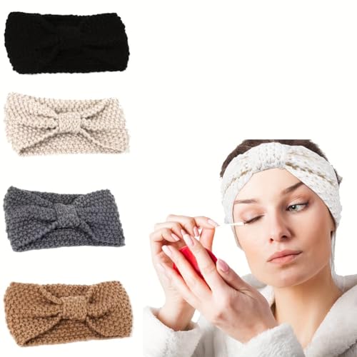 4-Piece Set of Knitted Woolen Headbands with Bow Ties for Women - Winter Warm Ear Warmers, Stylish & Easy to Use, 4 Colors for Cold Weather, Running, Daily Commute
