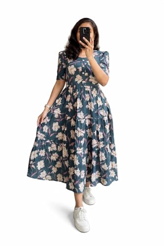 Image of Women's Cotton Blend Maxi Midi Dress Western Dress for Women Elegant Floral Printed Long Dresses