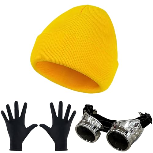 Santoy 3 pcs Halloween Costume Cosplay Accessories Steampunk Goggles Yellow Beanie Knit Hats?Black Gloves?Adult Round Glasses Party Set For Men and Women