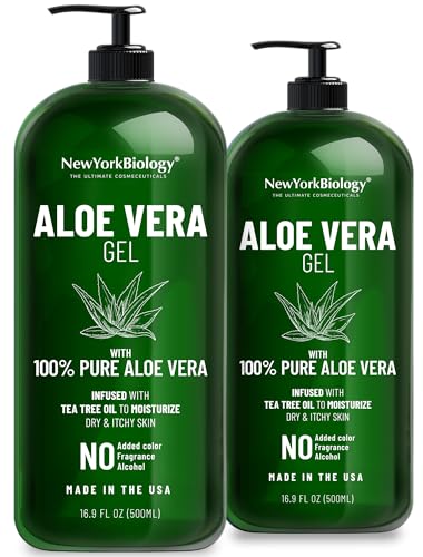 New York Biology Aloe Vera Gel for Face, Skin and Hair - Infused with Tea Tree Oil - From Fresh Aloe Vera Plant - Moisturizing Aloe Vera for Sunburn Relief and Dry Skin - 16.9 Fl Oz - Pack of 2