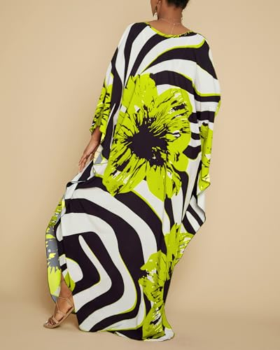 Image of Bsubseach Kaftan Dresses for Women Floral Print Plus Size Beach Cover Up | Lightweight V Neck Loose Fit Boho Dress, Batwing Sleeve Side Slit, Moo Moos for Women Home Loungwear Cruise Resort Wear