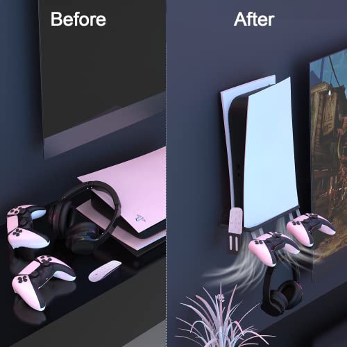 Topad Ps5 Wall Mount Kit With Charging, 6-In-1 Playstation 5 (Disc & Digital) Metal Wall Stand With Data Charging Cable/Controller Hanging Bracket/Remote Box/Headset Hanger, W/Non-Slip Mat Black #TOP1