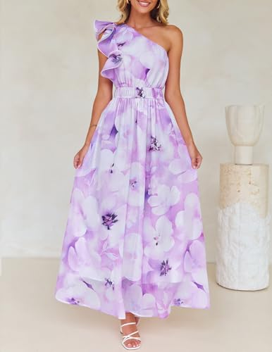 Image of ZESICA Women's 2026 Summer Floral Sleeveless Maxi Dress | One Shoulder, Sleeveless, Ruffle, High Waist, Beach Wedding Guest, Vacation, Graduation, Bridal Shower, Boho Long Dresses