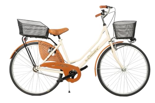 MADICKS Bicicletta Donna da Passeggio Olanda Misura 26 Bici da città Vintage retrò Beige con Cestino (Cestino Anteriore e Posteriore)