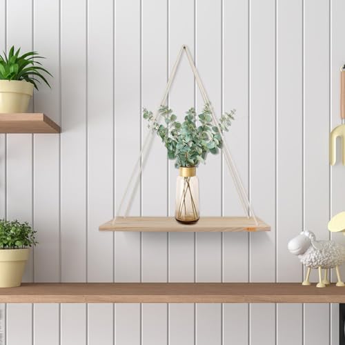 Image of Set of 2 Hanging Rope Shelf with Adhesive Wall Hook for Wall Decor - Rustic Wood Floating Shelves for Bedroom, Living Room, Kitchen - Boho Swing Plant Holder with Natural Jute Rope