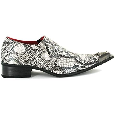 Rossellini Mens Italian Designer Western Pointed Metal Toe Cowboy Shoes Snake Print Textured Leather Black Snakeskin Loafers Shoes (8 UK, Black And White Snake Print) Cover