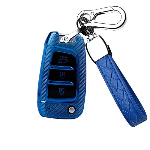 Coque de clé antichoc Hyundai Elantra bleu carbone pour éviter les rayures du boîtier 3 boutons