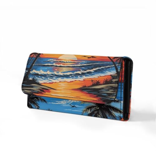 Image of AFPANQZ Leather Wallets for Women Clutch Card Slots Phone Holder Trifold Purses Card, Seaside Palm Large Capacity Card Key Cash Storage Bags Zipper Handbag