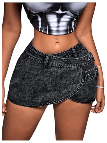 Floerns Women's Buckle Denim Skirt Low Waist Wrap Grommet Eyelet Y2k Mini Skirt