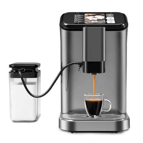 GarveeHome Automatic Espresso Machine & Milk Frother with Stainless Steel Conical Burr Grinder, Integrated 0.75 L Milk Container & 1.5 L Water Tank, O