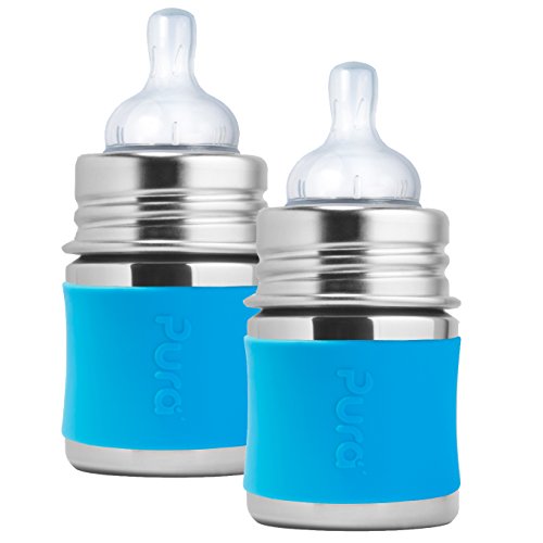 Pura Kiki Stainless Steel Infant Bottle with Aqua Silicone Sleeve, 5 Ounce, Set of 2