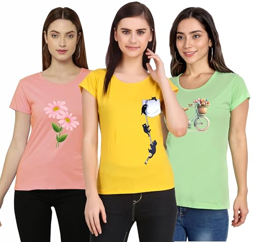 Image of MODISH Women's Super Combed Cotton Rich Relaxed Fit Solid T-Shirt. Curved Hem Styled Half Sleeve Printed Tops