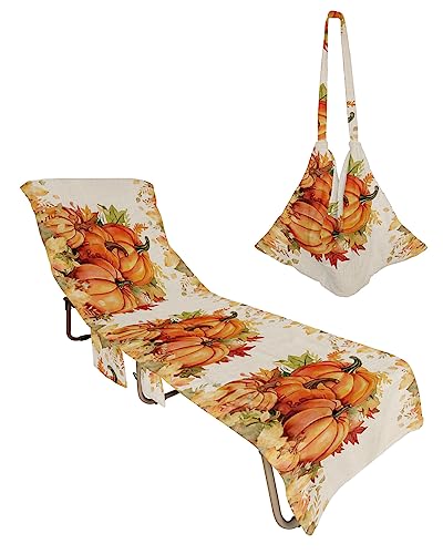 Fall Pumpkins Beach Chair Towel Covers for Chaise Lounge with Side Pocket, Soft Plush Pool Towels Cover for Patio Sunbathing Outdoor 29''x85'' Thanksgiving Autumn Retro Eucalyptus Leaves