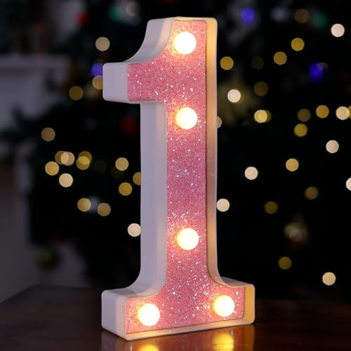 Image of LED Letter Lights Pink Glitter Marquee Letters Light Up Alphabet Letters Sign Battery Powered for Home Party Decoration Night Bar Wedding Birthday Christmas Lamp Girls Gift - Number 1