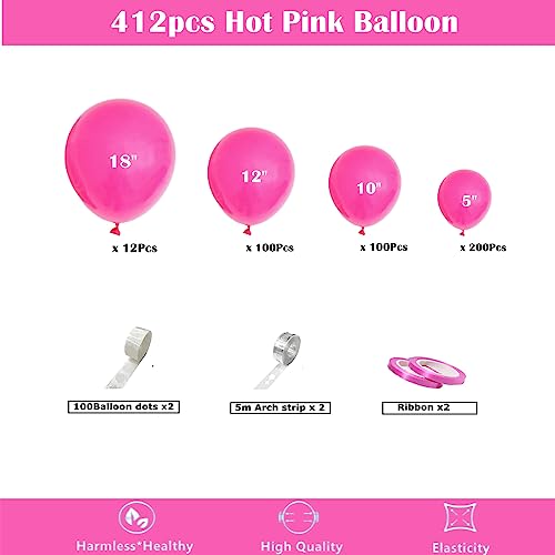 Image of 412pcs Hot Pink Balloon Garland Arch Kit 18 12 10 5 Inch Different Sizes Matte Latex Balloons for Valentine's Day Baby Shower Birthday Wedding Princess Theme Party Decoration