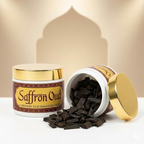 Image of Saffron Oud BAKHOOR Incense | Authentic Arabic BAKHOOR Incense | 40 GMS JAR | Pack of 1 | Natural Wood Chips Saffron Fragrance Woody Blend | Perfect for Pooja