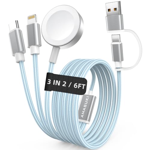 Travel Essentials,3 in 2 USB C Cable for Apple Watch Charger,iPhone Charger,Multi Charging Cable,Cruise Vacation Camping Portable for iWatch Series 11-2/Ultra/SE &amp; iPhone 17-12,Car,Blue-6FT
