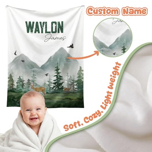 Image of Personalized Baby Blanket for Boys Girls, Custom Name Baby Deer &Forest, Woodland Animals Baby Blankets for Son Daughter, Super Soft Fleece Blanket, Lightweight Bed Throw Nursery Blanket