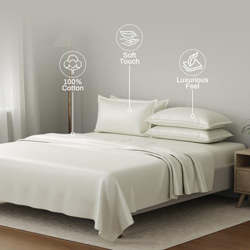 Image of BOUTIQUE LIVING Luxe Loom 100% Cotton 600 TC Mother of Pearl (Off-White) Dyed King Bedsheet Set