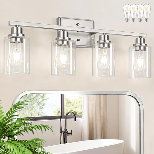 Image of Unicozin Modern Brushed Nickel Bathroom Light Fixtures, 4-Light Vanity Lights Over Mirror with E26 LED Bulbs Included, Wall Sconce with Clear Glass Shades for Living Room Bedroom Hallway Kitchen