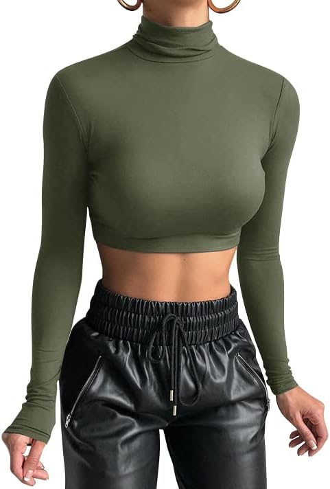 GEMBERA Women's Long Sleeve Turtleneck Crop Tops Fitted Basic T Shirt Top