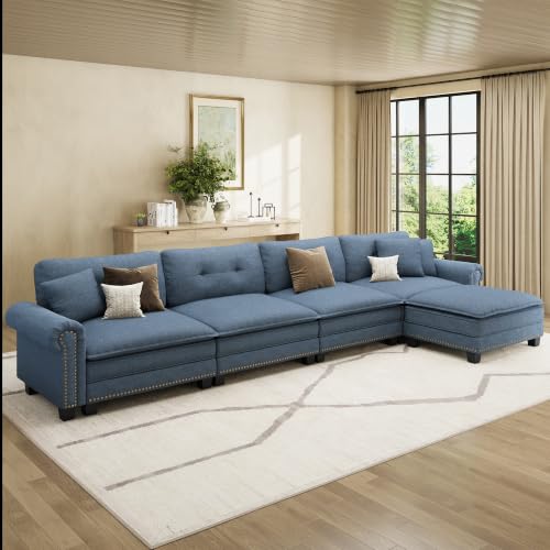 Image of HERA'S HOUSE 150 inch Oversized L Shaped Modular Sectional Couch Living Room | Mid-Century Modern 5-Seater Cloud Sofa, Blue, Rolled Arms & Nailhead Trim, Wider & Deeper Seats, Ottoman, Linen