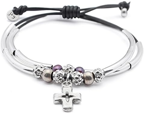 Lizzy James Handmade Keep the Faith Bracelet for Women – Adjustable, Double-Strand, Leather Cord with Pearls, Silver-Plated Beads, & Cross Charm – Confirmation Gifts for Girls & Christian Jewelry