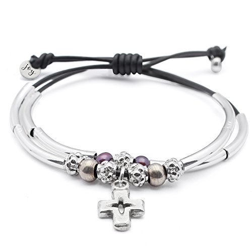 Lizzy James Handmade Keep The Faith Bracelet For Women – Adjustable, Double-Strand, Leather Cord With Pearls, Silver-Plated Beads, & Cross Charm – Confirmation Gifts For Girls & Christian Jewelry #TOP7