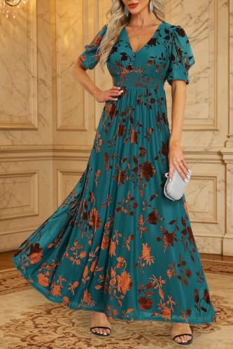 Image of Pinup Fashion Velvet Wedding Guest Dress - Fall Formal Holiday V Neck Empire Waist Long Dresses