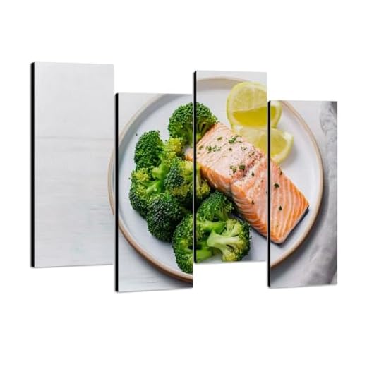 Canvas Wall Art salmon broccoli paleo keto lshf dash diet Mediterranean food Clean Photo Prints Realism Stretched & Framed Artworks Modern Wall Decor for Living Room Bedroom Office