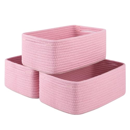 Image of OIASKET 3 Pack Small Storage Baskets for Organizing, Cute Woven Decorative Gift Baskets for Shelves, Mini Closet Organizer Bins with Handles, 11.81''Lx7.87''Wx4.72''H-Pink