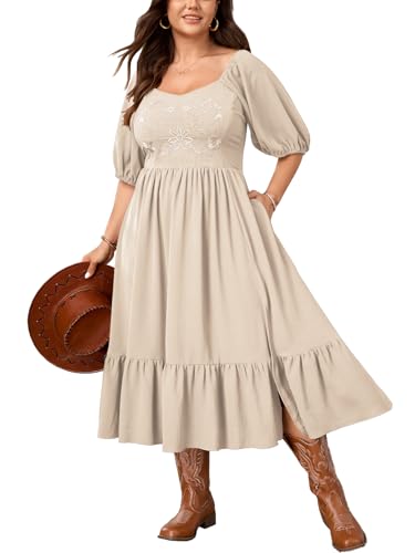 SCOMCHIC Women's Plus Size Midi Dresses Short Sleeve Floral Embroidered Smocked Ruffle Split Summer Western Boho Dress Beige
