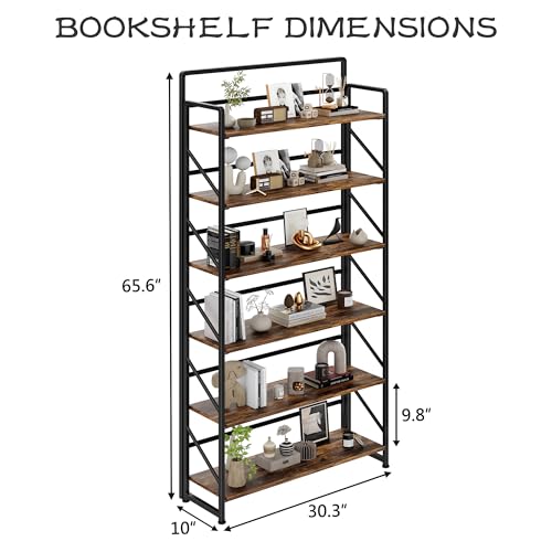 Image of JSB Folding Bookshelf,Industrial Storage Shelves, No Assembly Vintage Wood Look Bookshelf with Storage Shelves for Living Room, Bedroom, Office (Fire Brown, Wide 6-Tier)