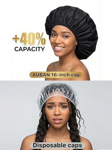 Auban Extra Large Shower Cap, Double-Layer Waterproof Reusable, XL Satin Lining Shower Bonnet for Women Thick, Long Hair, Locs, Braids(Black) - Image 4