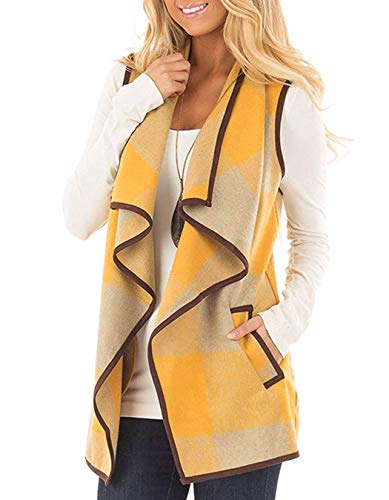 Unidear Womens Casual Asymetric Hem Open Front Plaid Sleeveless Lapel Vest Down Jacket Yellow M #TOP1