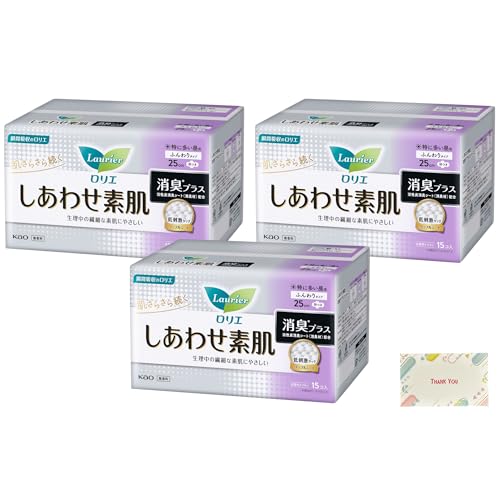 ロリエ しあわせ素肌 消臭プラス 特に多い昼用25cm 羽つき 15個入 3個セット + Kunutonnオリジナルロゴ入りe おまけ付