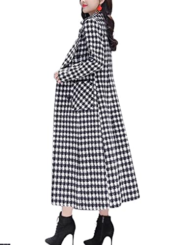 Ebossy Women's Houndstooth Trench Coat Winter Single Breasted Quilt-Lined Long Coat (Large, Black/White(Regular)) #TOP1