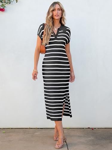 ANRABESS Women's Summer Striped Midi Dress 2025 Casual Short Sleeve V Neck Loose Knitted Side Slit Long Beach Dresses2