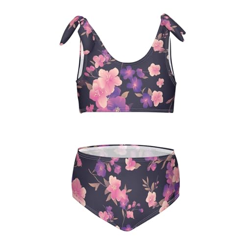 KLL Plum Flower Black Background Girls Two Piece Bikini Set Quick-Dry Bathing Suit Swimming Suits Adjustable Shoulder Strap